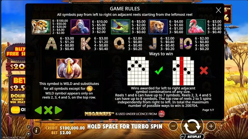 Game rules and paytable